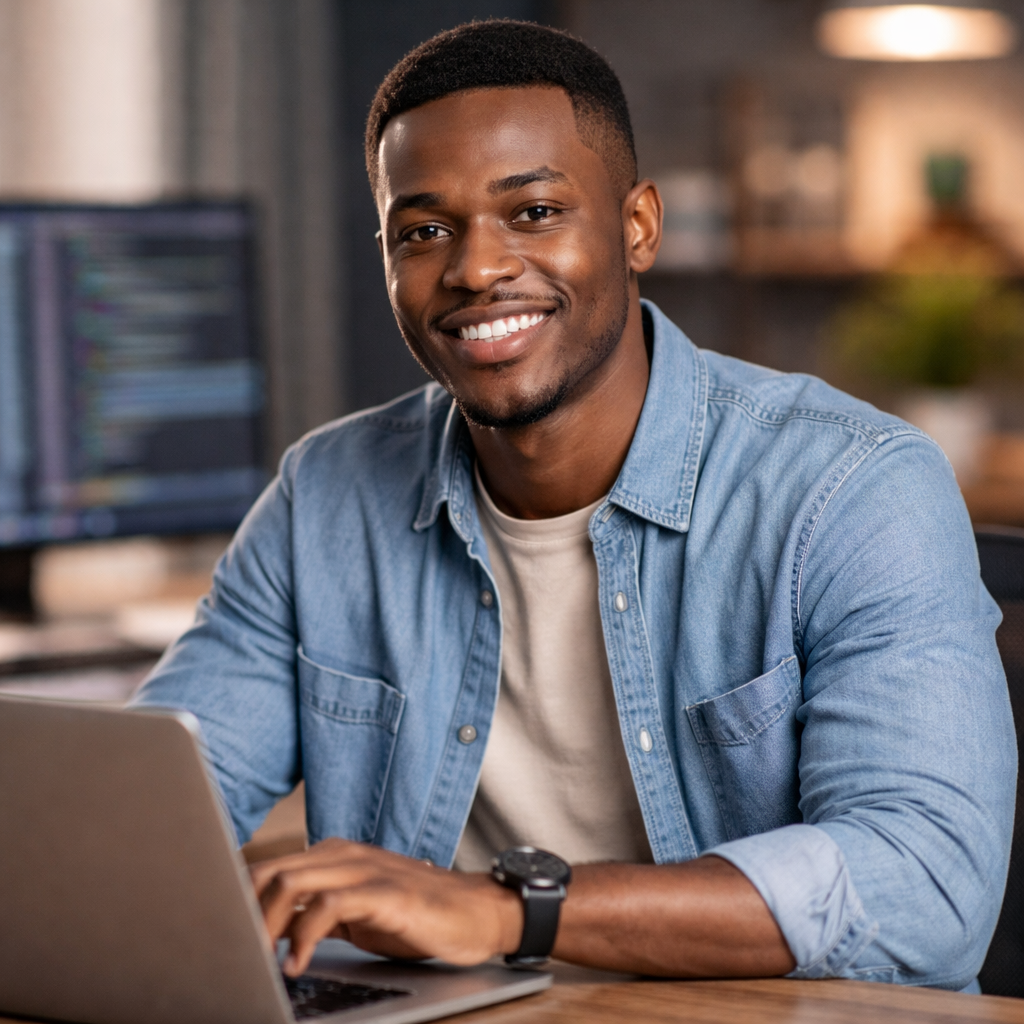 Ameh Sunday smiling at the camera with a colorful background